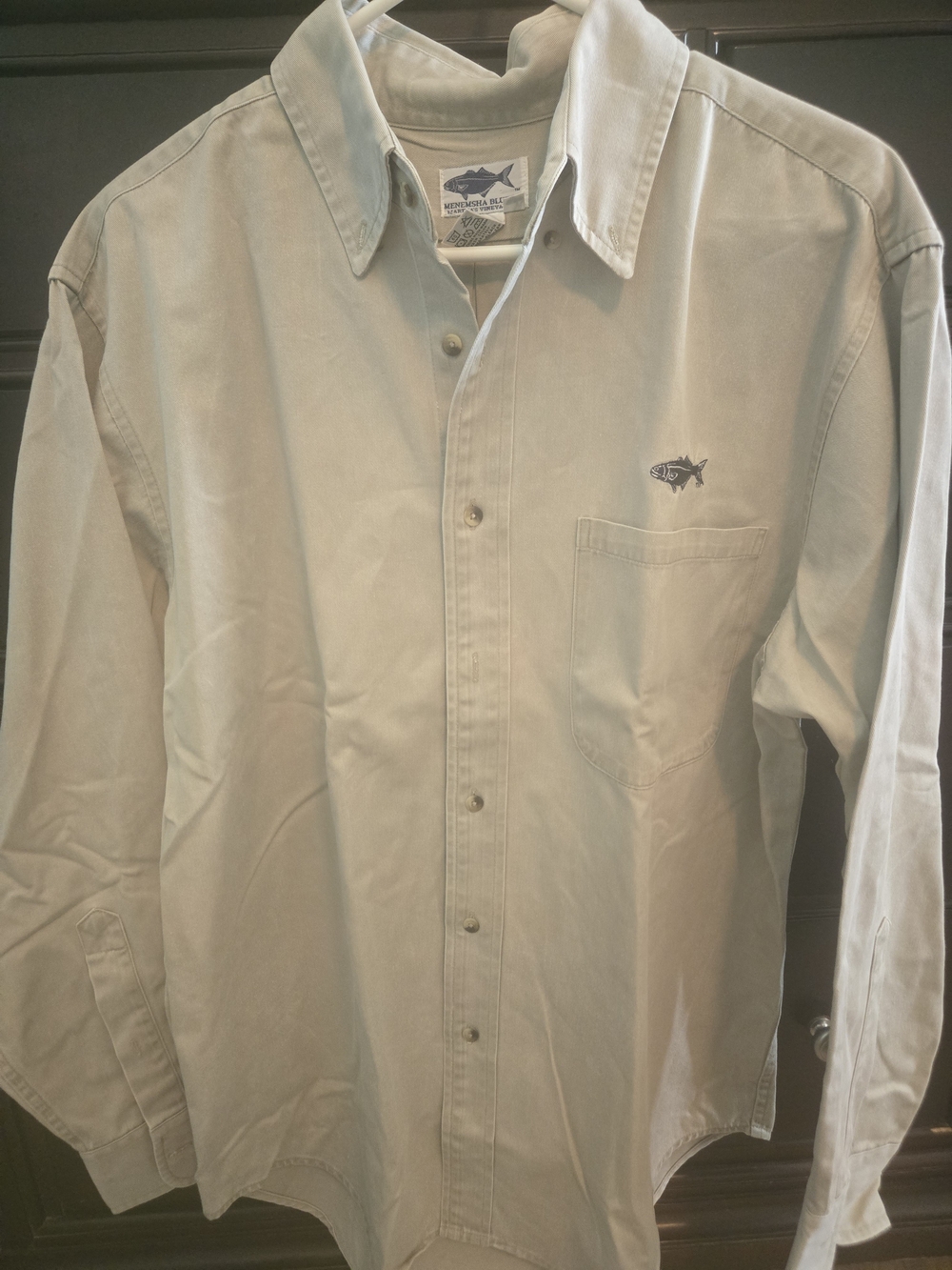 Men's Long-Sleeve Button-Down Shirt in Light Beige with Fish Embroidery